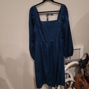 Ava & Viv Women SZ XXL dk. Teal‎ sq. Neck Midi Dress pockets smocked back